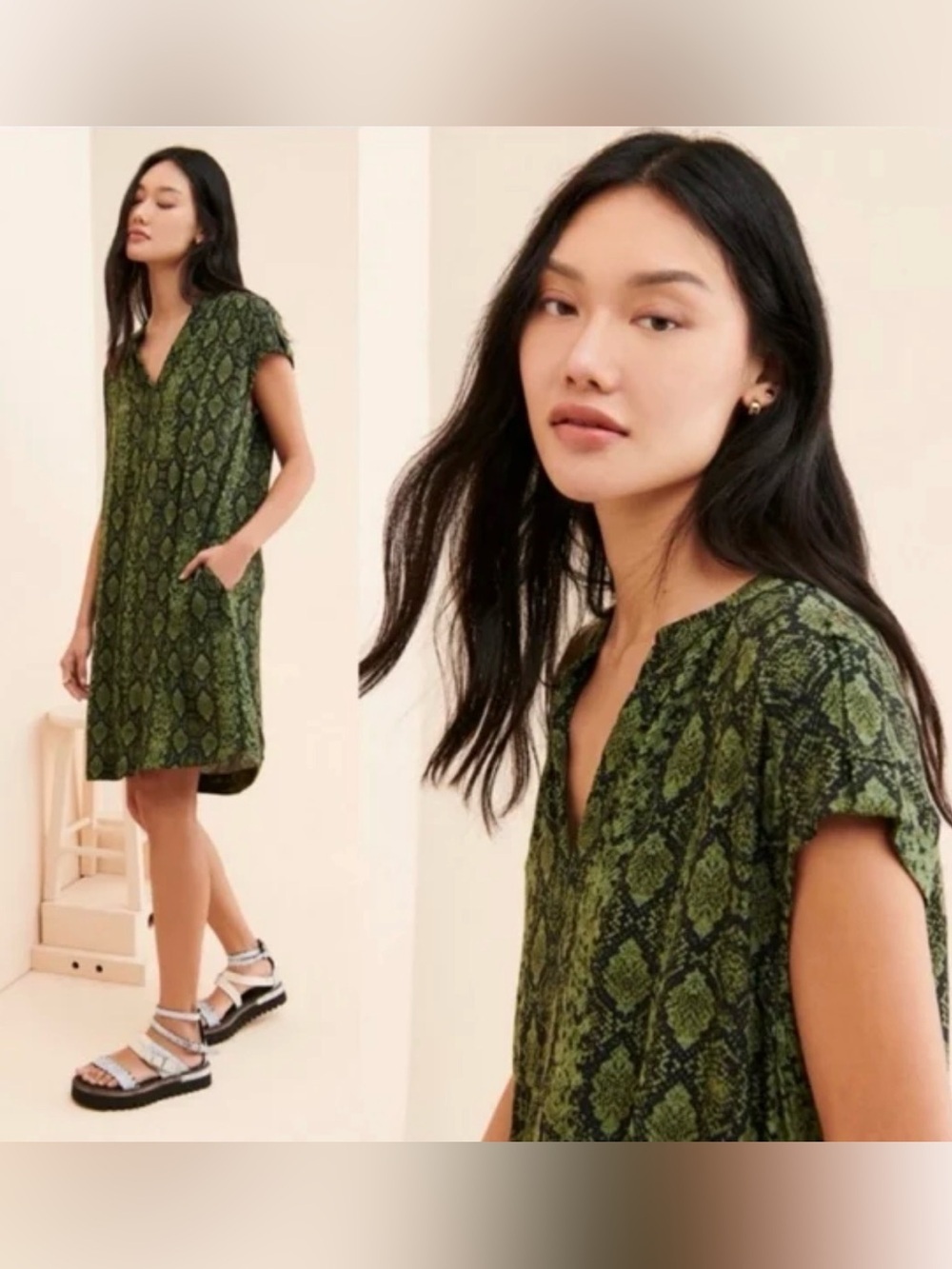 By Anthropologie Rachel Tunic dress snake print sleeveless green black small